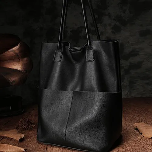 Vertical Black Leather Tote Bag Womens Brown Shopper Tote Handbag Purse