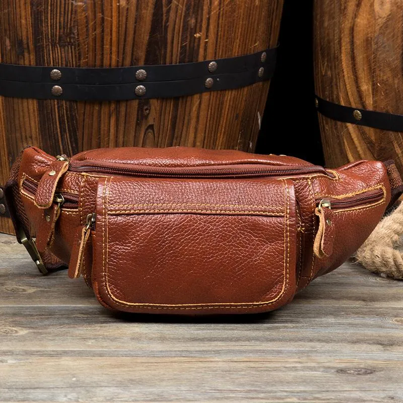 Vintage Black Leather Mens Fanny Pack Waist Bags Coffee Hip Pack Belt Bag Brown Bumbag for Men