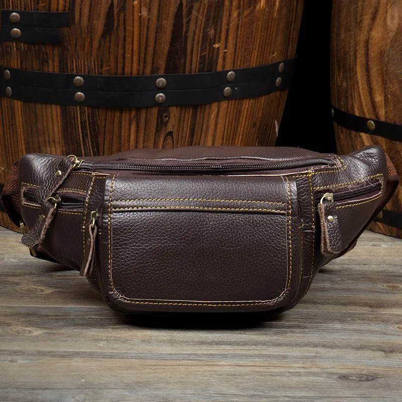 Vintage Black Leather Mens Fanny Pack Waist Bags Coffee Hip Pack Belt Bag Brown Bumbag for Men