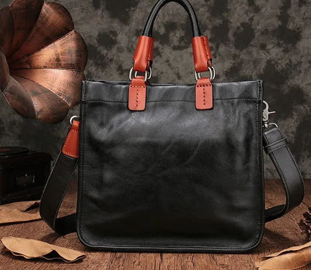 Vintage Brown Leather Handbag Tote Black Shopper Bag Shoulder Tote Purse For Women