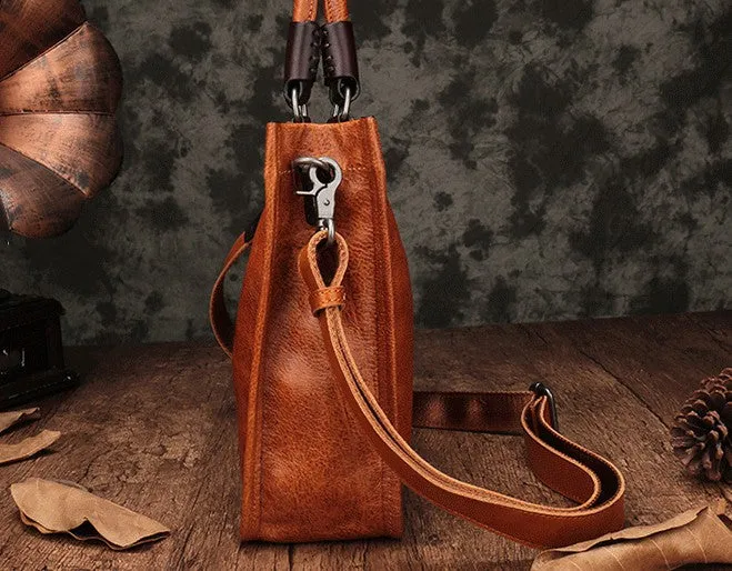 Vintage Brown Leather Handbag Tote Black Shopper Bag Shoulder Tote Purse For Women