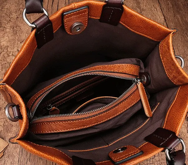 Vintage Brown Leather Handbag Tote Black Shopper Bag Shoulder Tote Purse For Women