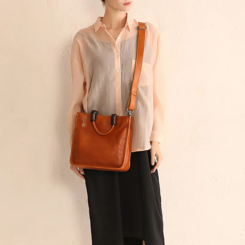 Vintage Brown Leather Handbag Tote Black Shopper Bag Shoulder Tote Purse For Women
