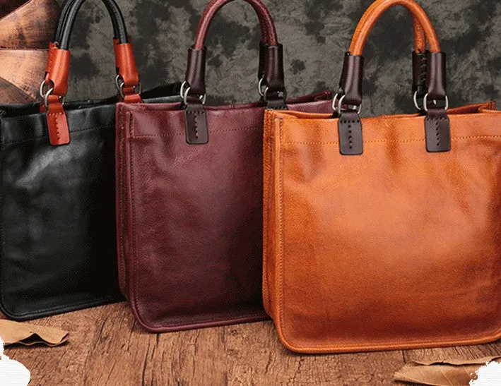 Vintage Brown Leather Handbag Tote Black Shopper Bag Shoulder Tote Purse For Women