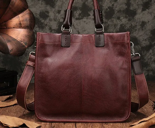 Vintage Brown Leather Handbag Tote Black Shopper Bag Shoulder Tote Purse For Women