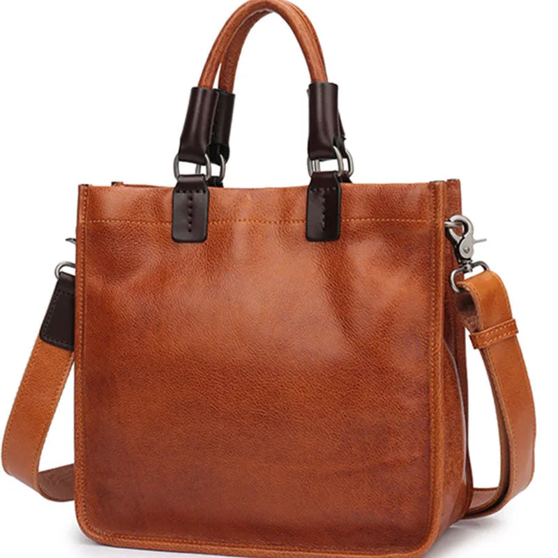 Vintage Brown Leather Handbag Tote Black Shopper Bag Shoulder Tote Purse For Women