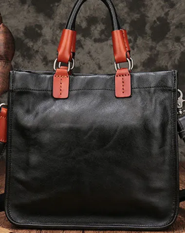 Vintage Brown Leather Handbag Tote Black Shopper Bag Shoulder Tote Purse For Women