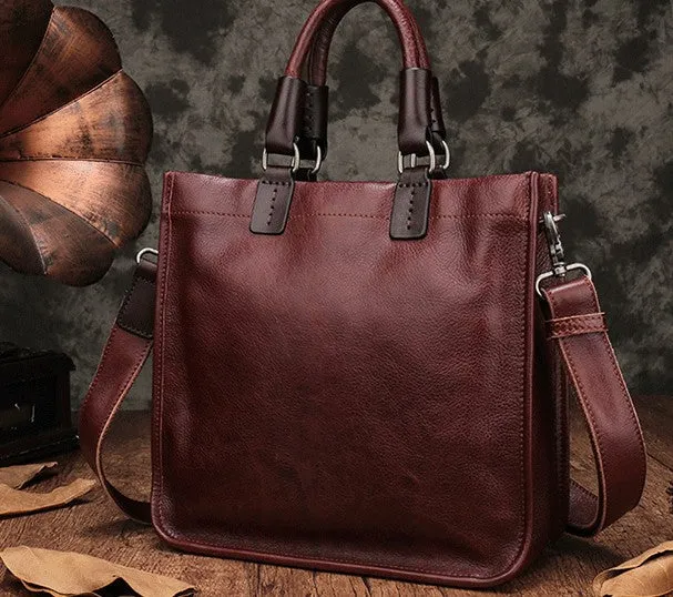 Vintage Brown Leather Handbag Tote Black Shopper Bag Shoulder Tote Purse For Women