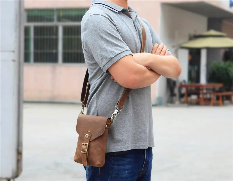 Vintage Brown Leather Men's Belt Pouch Cell Phone Holster Waist Belt Bag Mini Side Bag For Men