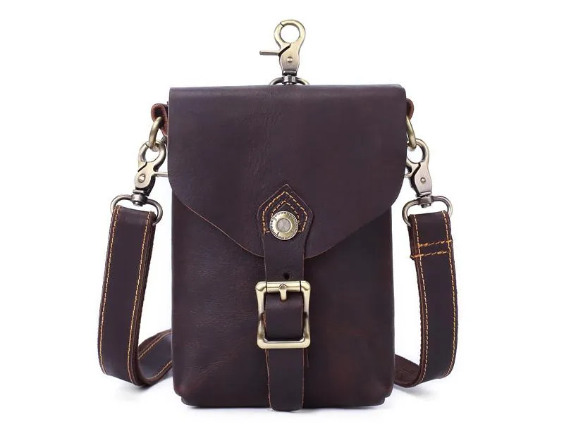 Vintage Brown Leather Men's Belt Pouch Cell Phone Holster Waist Belt Bag Mini Side Bag For Men