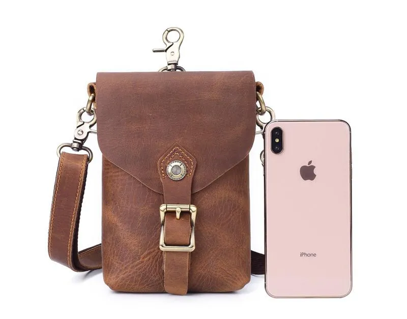 Vintage Brown Leather Men's Belt Pouch Cell Phone Holster Waist Belt Bag Mini Side Bag For Men