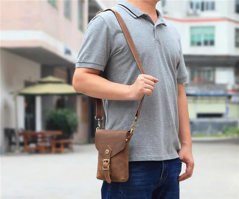 Vintage Brown Leather Men's Belt Pouch Cell Phone Holster Waist Belt Bag Mini Side Bag For Men