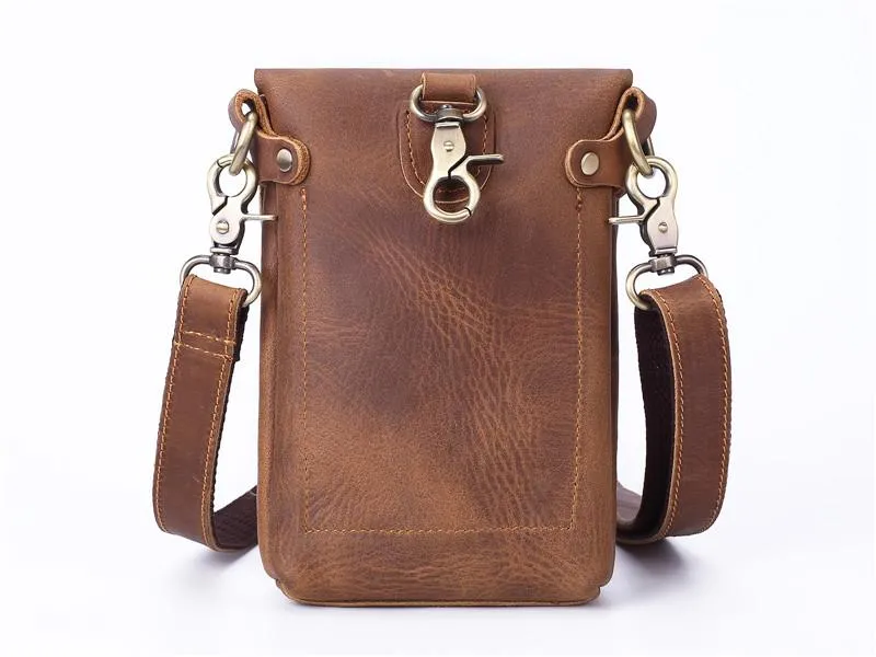 Vintage Brown Leather Men's Belt Pouch Cell Phone Holster Waist Belt Bag Mini Side Bag For Men