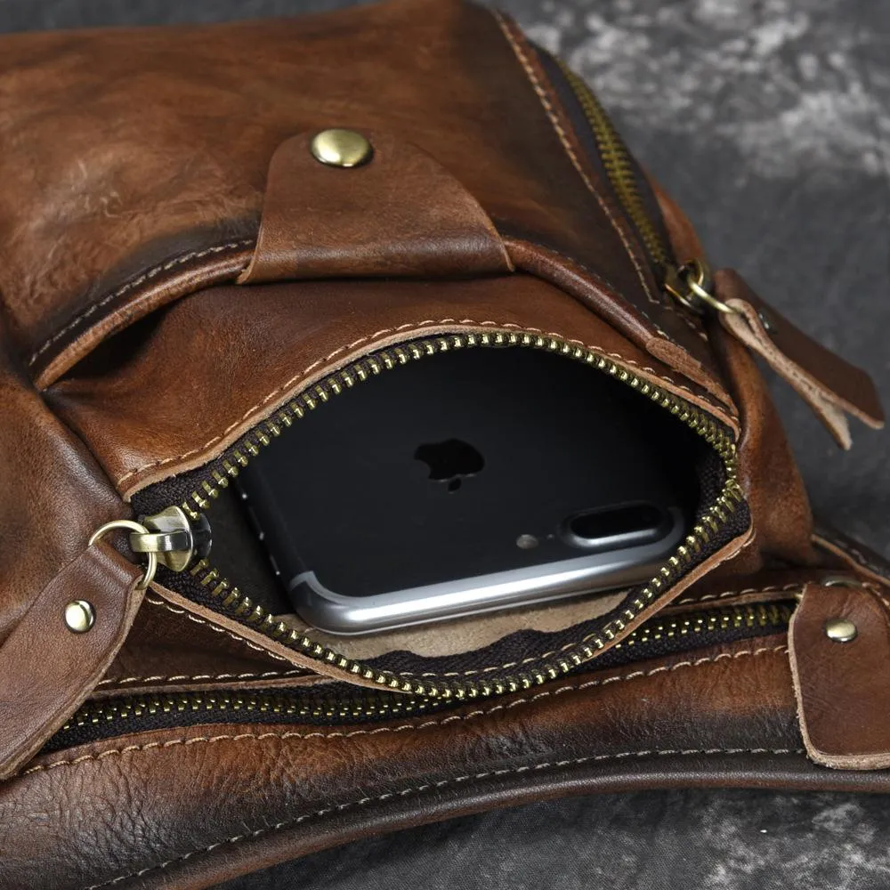 Vintage Brown Leather Men's CELL PHONE HOLSTER MINI SIDE BAG Waist BELT POUCH Drop Leg Bag For Men