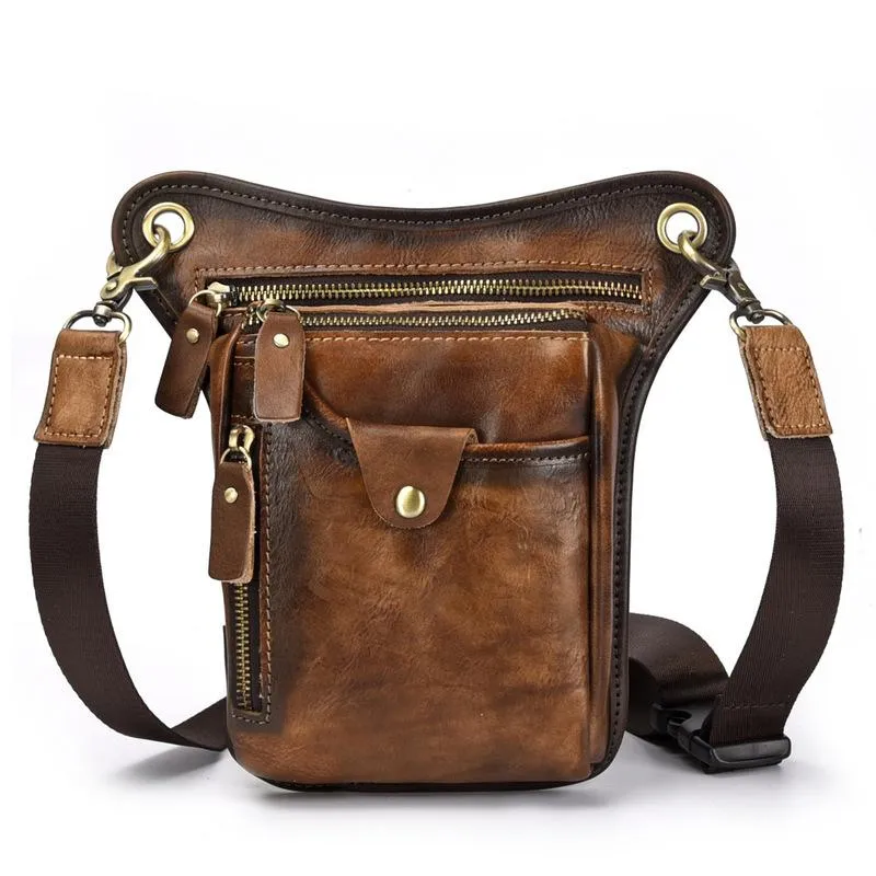 Vintage Brown Leather Men's CELL PHONE HOLSTER MINI SIDE BAG Waist BELT POUCH Drop Leg Bag For Men