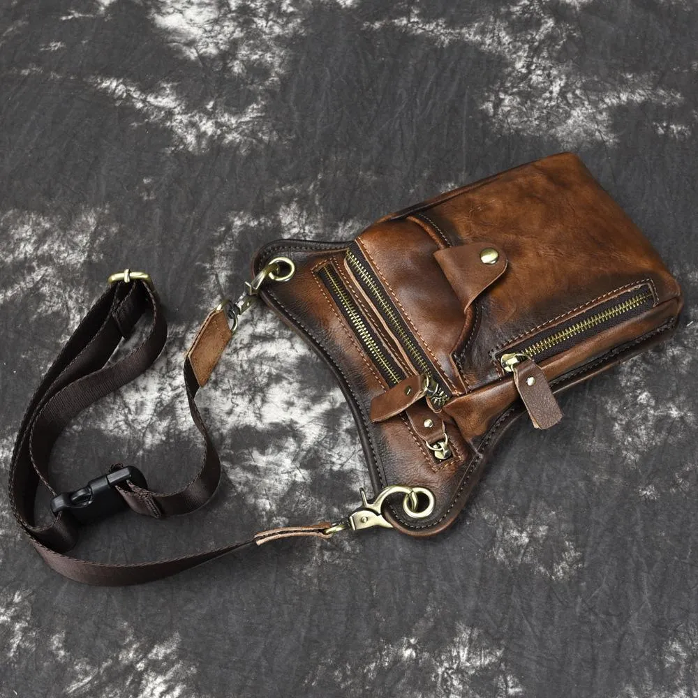 Vintage Brown Leather Men's CELL PHONE HOLSTER MINI SIDE BAG Waist BELT POUCH Drop Leg Bag For Men