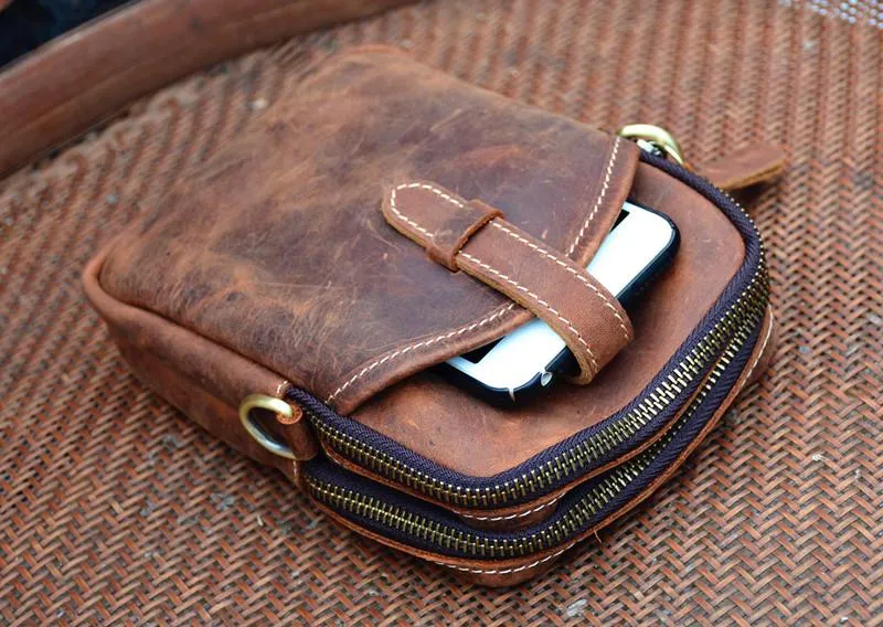 Vintage Brown Leather Men's Cell Phone Holsters Brown Waist Belt Pouch Mini Side Bag For Men