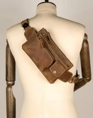 Vintage Brown Leather Mens Fanny Pack Waist Bag Coffee Hip Pack Belt Bag Bumbag for Men