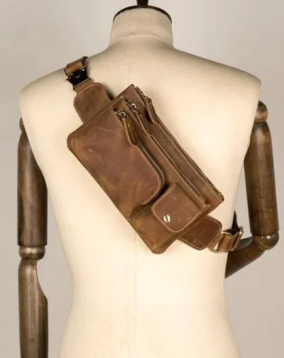 Vintage Brown Leather Mens Fanny Pack Waist Bag Coffee Hip Pack Belt Bag Bumbag for Men