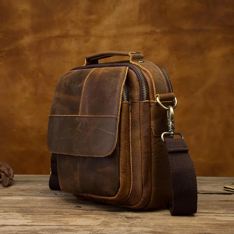 Vintage Brown Leather Mens Small Vertical Side Bags Shoulder Bags Messenger Bag For Men