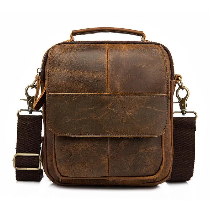 Vintage Brown Leather Mens Small Vertical Side Bags Shoulder Bags Messenger Bag For Men