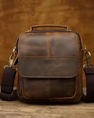 Vintage Brown Leather Mens Small Vertical Side Bags Shoulder Bags Messenger Bag For Men