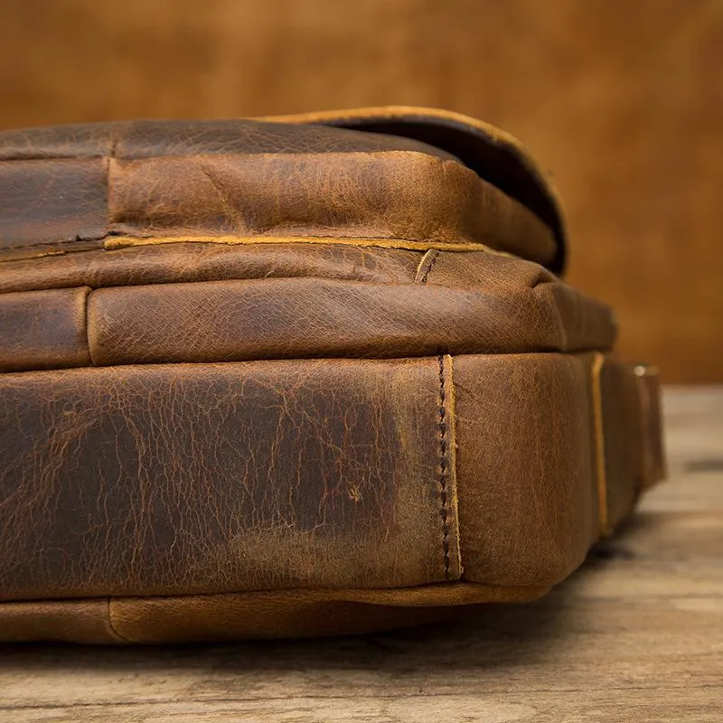 Vintage Brown Leather Mens Small Vertical Side Bags Shoulder Bags Messenger Bag For Men