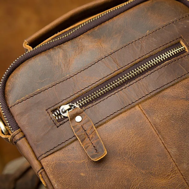 Vintage Brown Leather Mens Small Vertical Side Bags Shoulder Bags Messenger Bag For Men