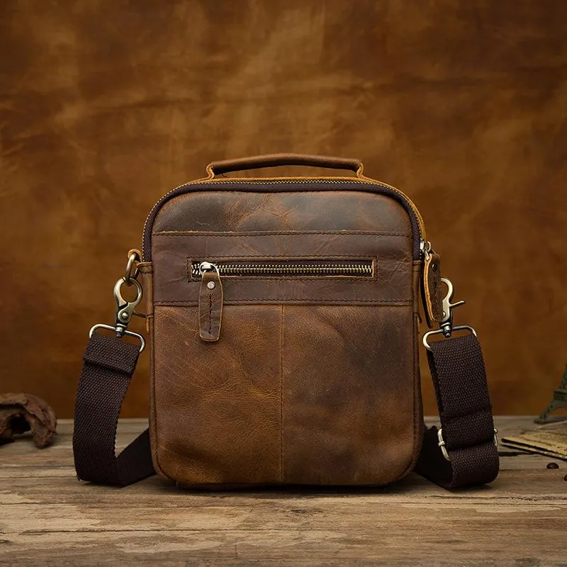 Vintage Brown Leather Mens Small Vertical Side Bags Shoulder Bags Messenger Bag For Men