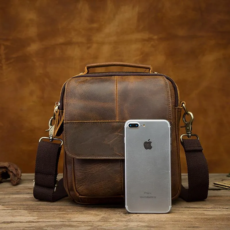 Vintage Brown Leather Mens Small Vertical Side Bags Shoulder Bags Messenger Bag For Men