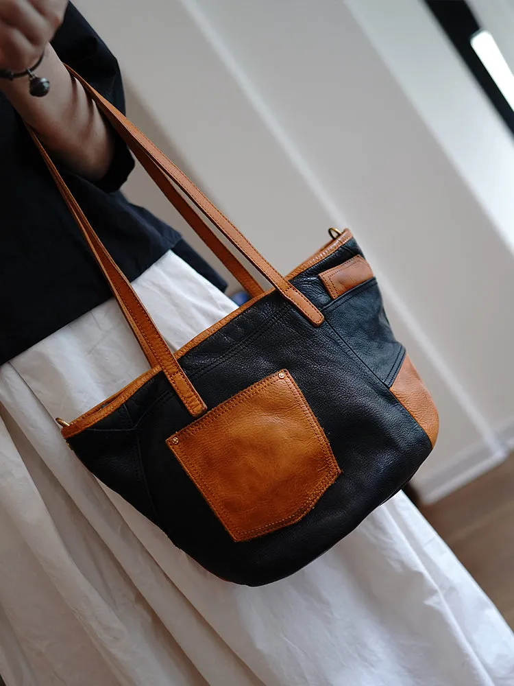 Vintage Brown Leather Stitching Style Shoulder Tote Women Tote Handbag for Women