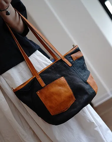Vintage Brown Leather Stitching Style Shoulder Tote Women Tote Handbag for Women