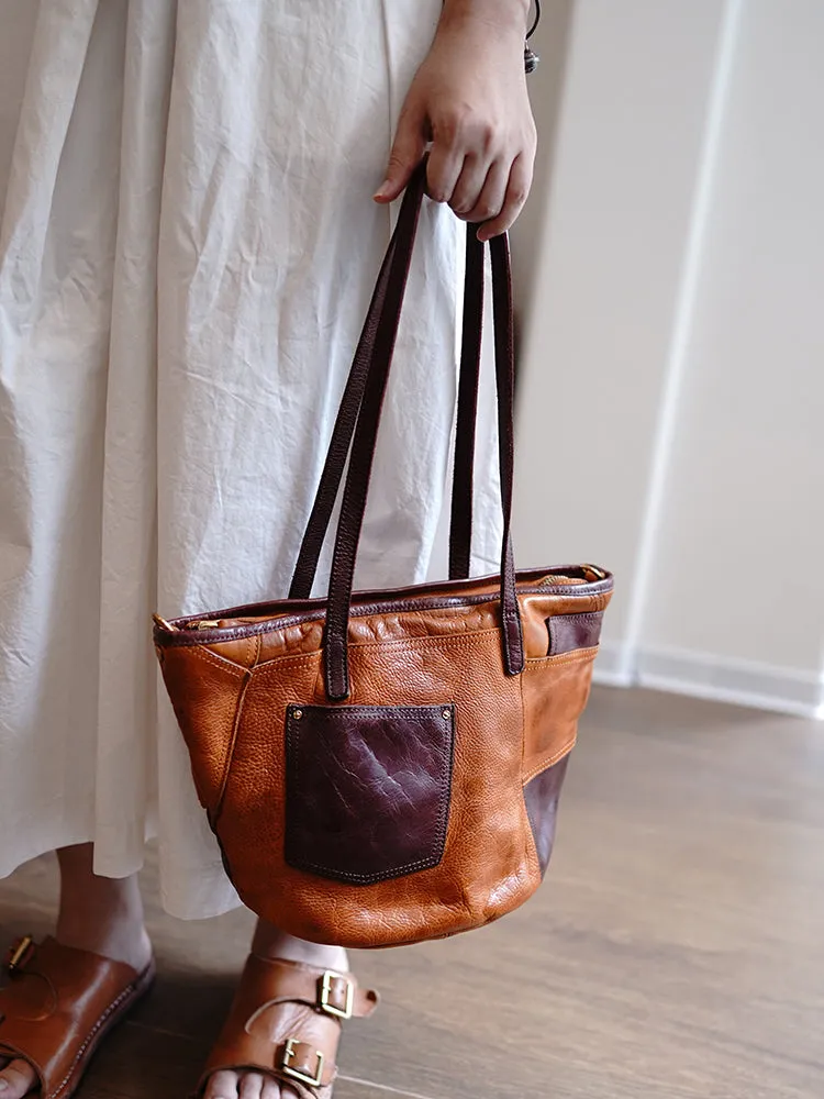 Vintage Brown Leather Stitching Style Shoulder Tote Women Tote Handbag for Women