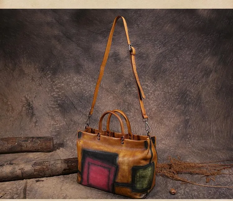 Vintage Color Brown Block Women Leather Tote Handbags Shopping Bag Purse Handbags Shoulder Bags