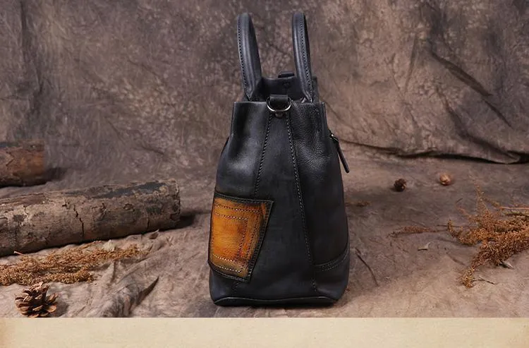 Vintage Color Brown Block Women Leather Tote Handbags Shopping Bag Purse Handbags Shoulder Bags