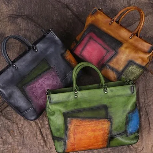 Vintage Color Brown Block Women Leather Tote Handbags Shopping Bag Purse Handbags Shoulder Bags