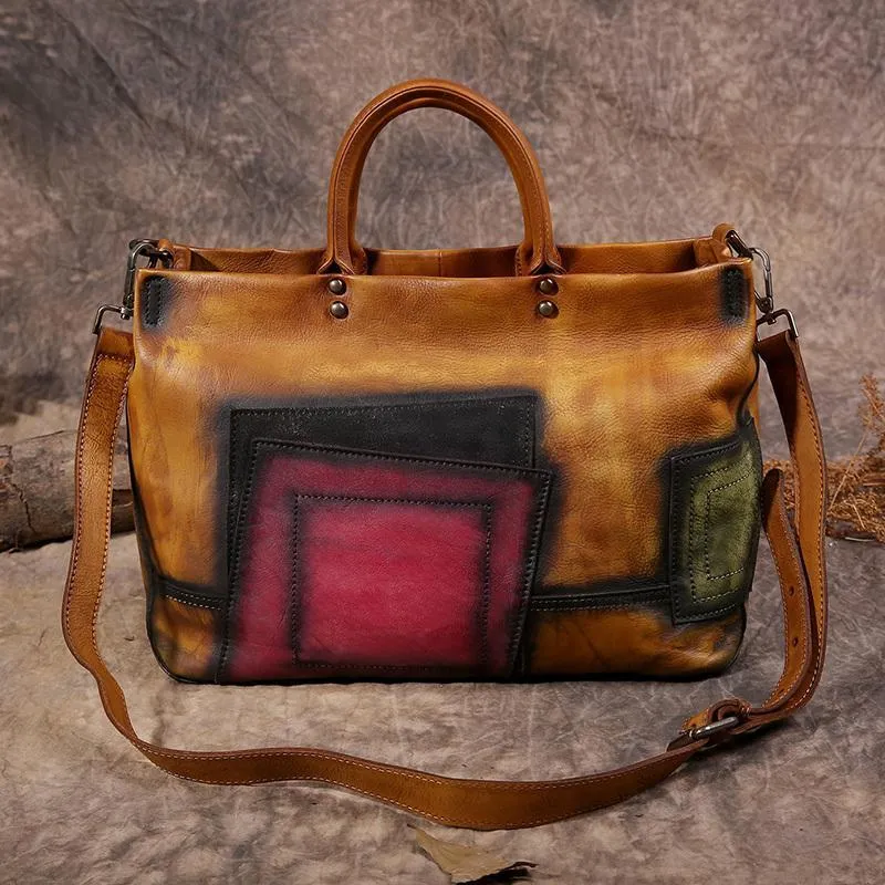 Vintage Color Brown Block Women Leather Tote Handbags Shopping Bag Purse Handbags Shoulder Bags