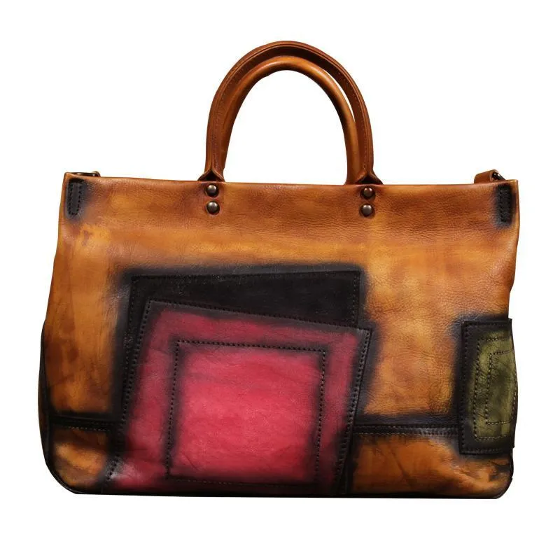 Vintage Color Brown Block Women Leather Tote Handbags Shopping Bag Purse Handbags Shoulder Bags
