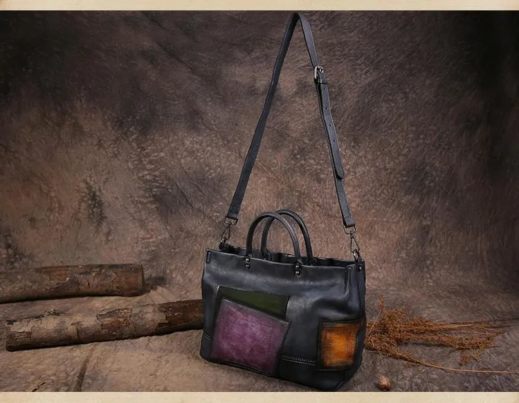 Vintage Color Brown Block Women Leather Tote Handbags Shopping Bag Purse Handbags Shoulder Bags