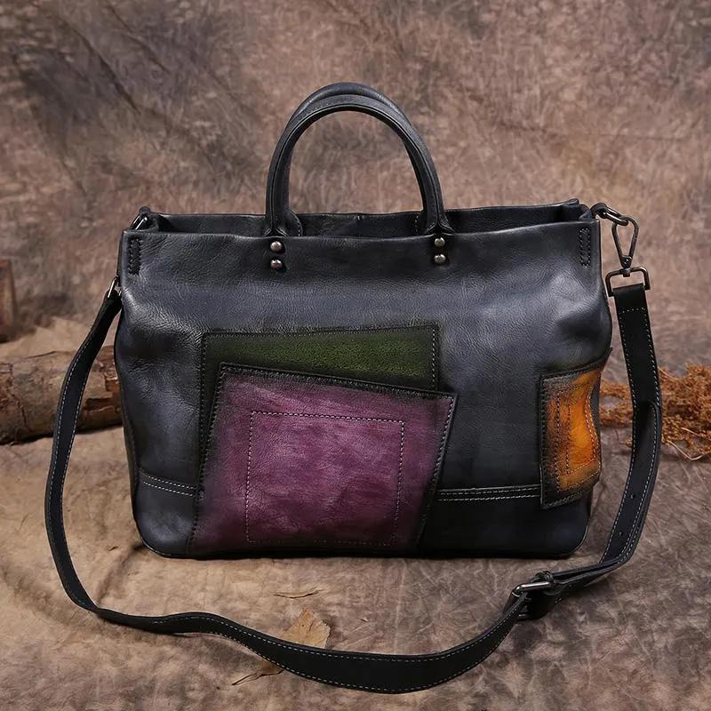 Vintage Color Brown Block Women Leather Tote Handbags Shopping Bag Purse Handbags Shoulder Bags