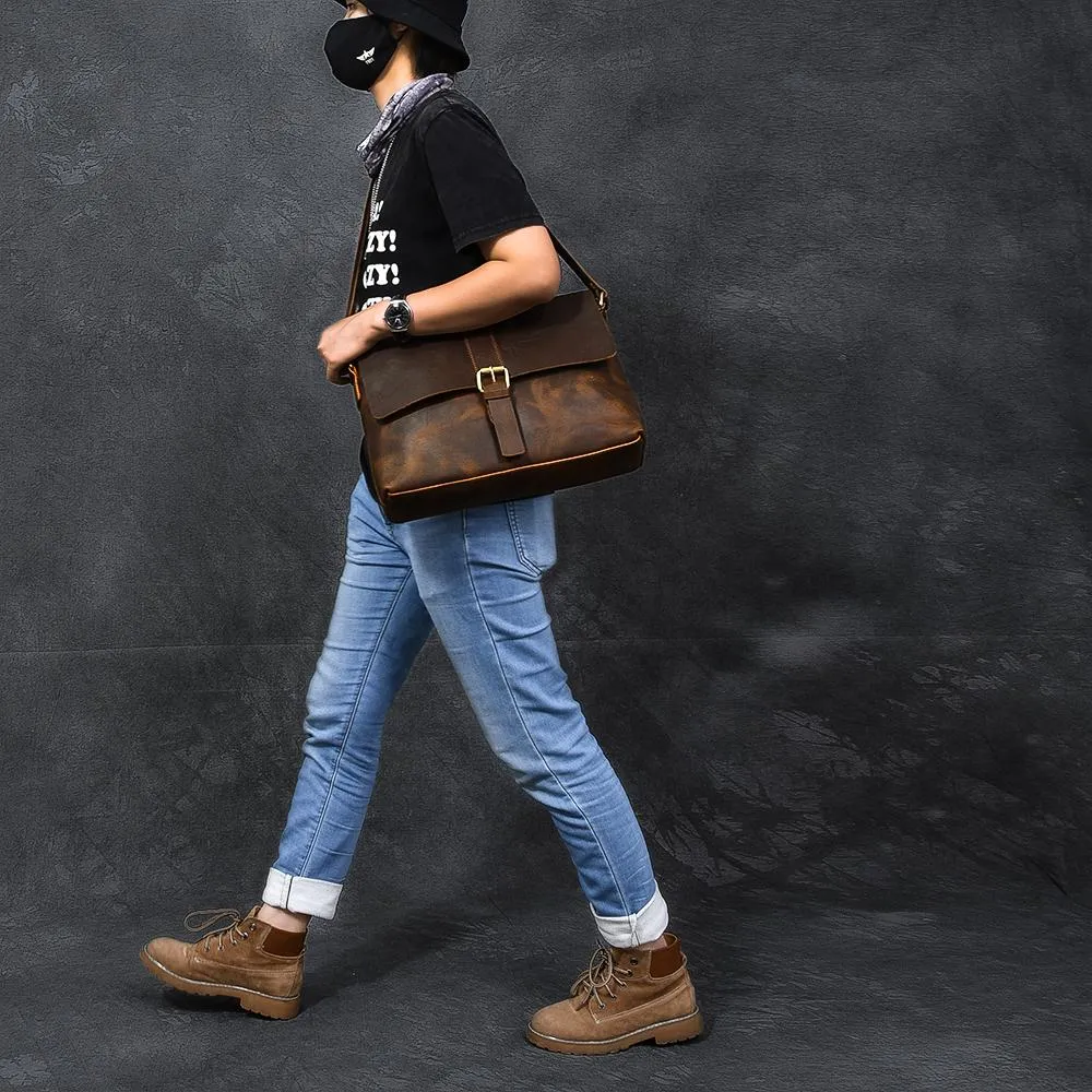 Vintage Leather Mens 13???? Brown Side Bag Messenger Bag Courier Bag For Men