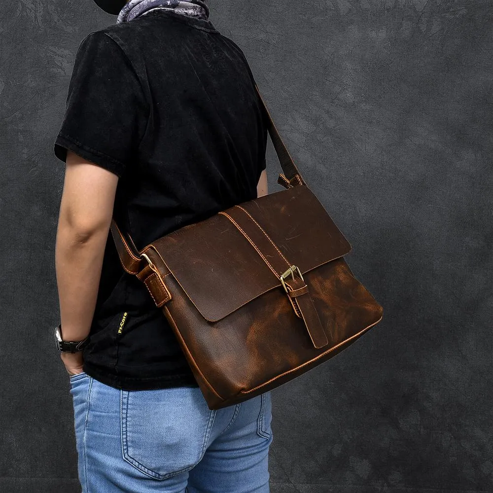 Vintage Leather Mens 13???? Brown Side Bag Messenger Bag Courier Bag For Men