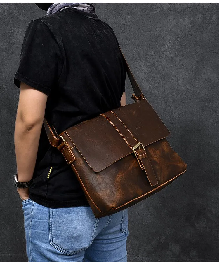 Vintage Leather Mens 13???? Brown Side Bag Messenger Bag Courier Bag For Men