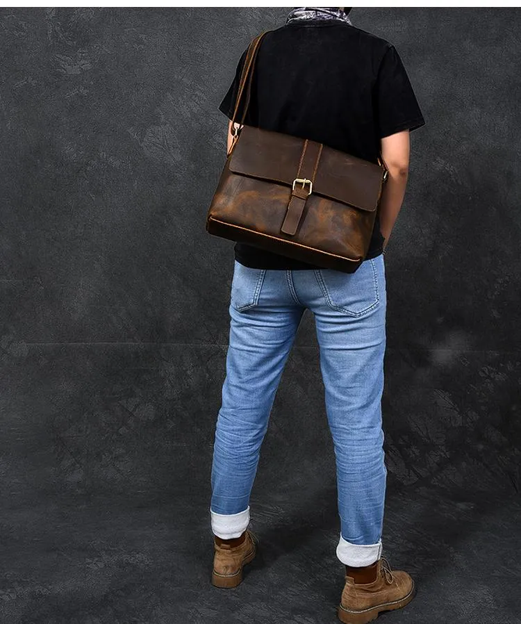 Vintage Leather Mens 13???? Brown Side Bag Messenger Bag Courier Bag For Men