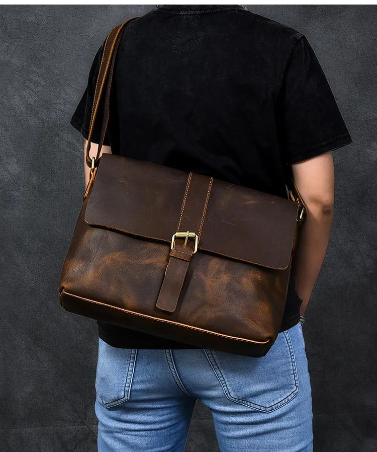 Vintage Leather Mens 13???? Brown Side Bag Messenger Bag Courier Bag For Men