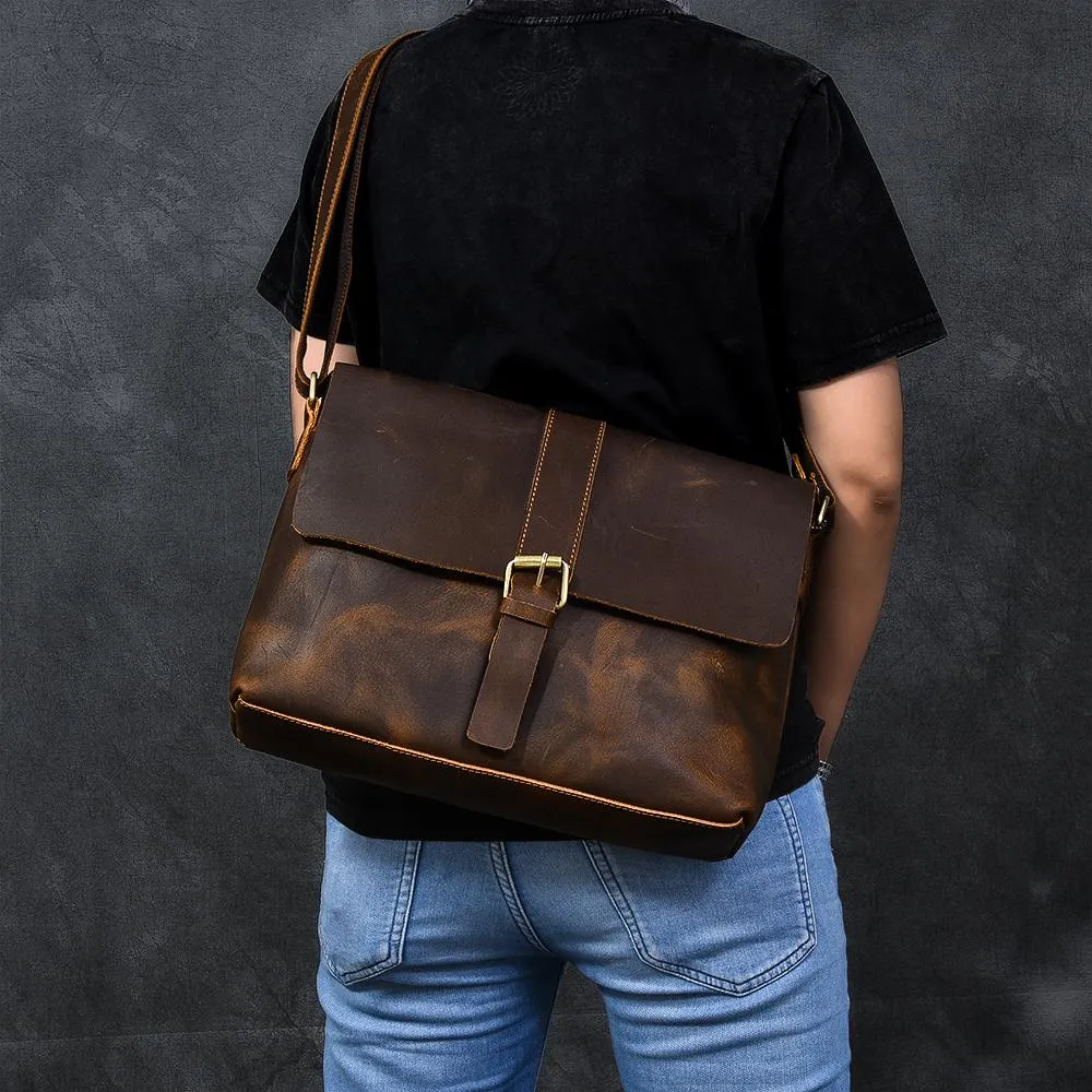 Vintage Leather Mens 13???? Brown Side Bag Messenger Bag Courier Bag For Men