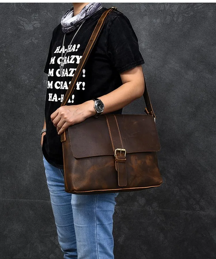 Vintage Leather Mens 13???? Brown Side Bag Messenger Bag Courier Bag For Men
