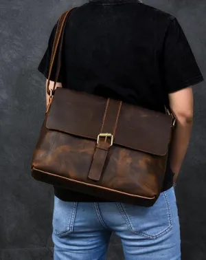 Vintage Leather Mens 13???? Brown Side Bag Messenger Bag Courier Bag For Men