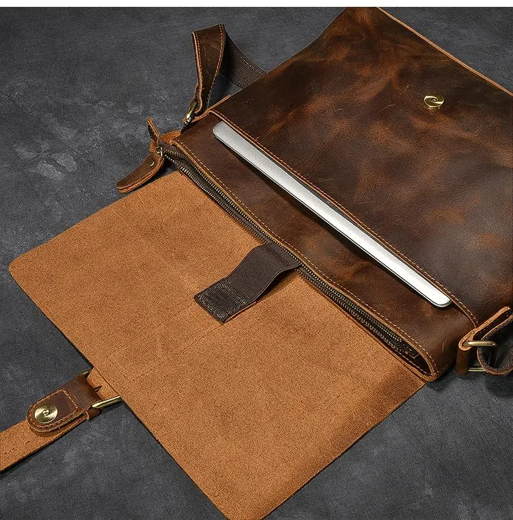 Vintage Leather Mens 13???? Brown Side Bag Messenger Bag Courier Bag For Men