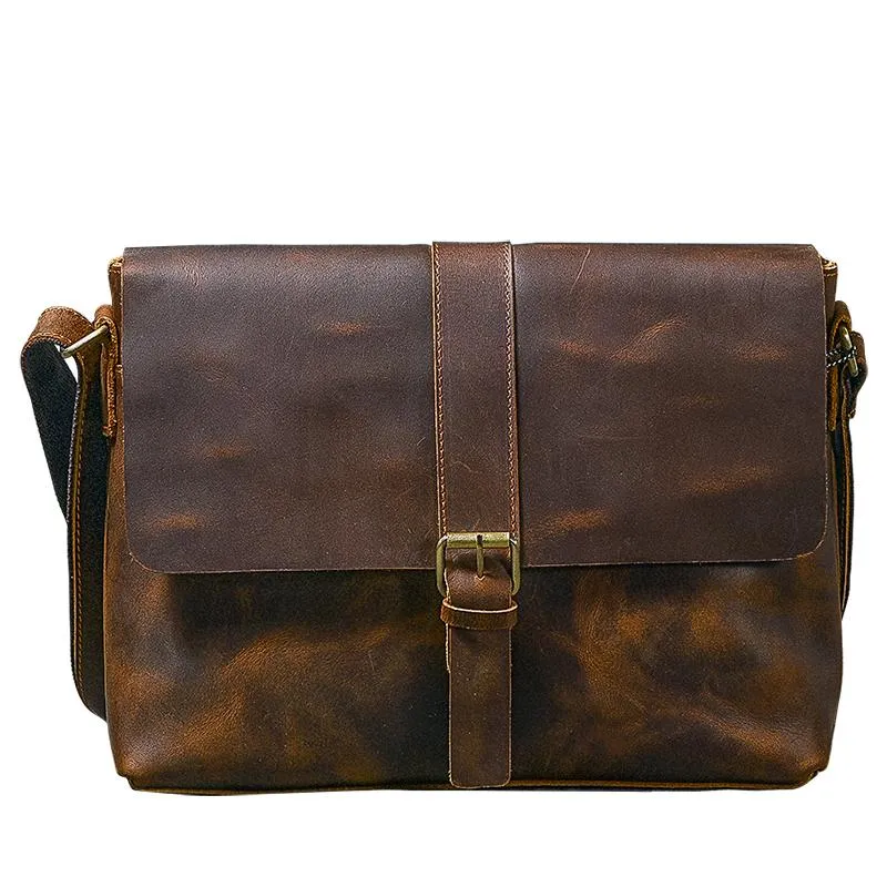Vintage Leather Mens 13???? Brown Side Bag Messenger Bag Courier Bag For Men